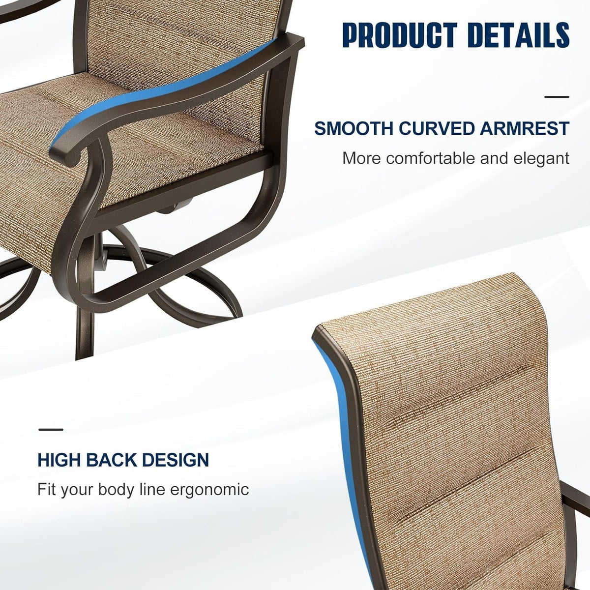 Techmilly Patio Swivel Chairs Set of 2, Outdoor Dining Chairs High Back Padded All Weather Breathable Textilene Outdoor Swivel Chairs with Metal Rocking Frame for Lawn Garden Backyard Deck, Dark Grey