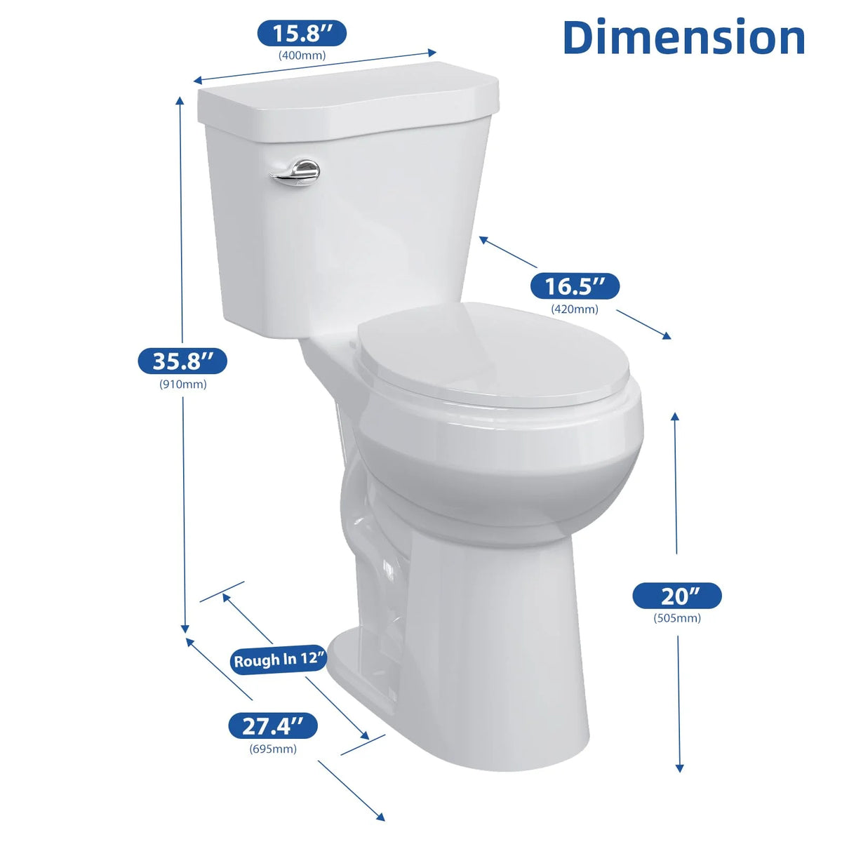 TROPOW Toilet, Two-Piece Toilet, ADA Toilet with Dual Flush, Elongated Toilets for Bathrooms with Soft Close Seat, Universal Height,White