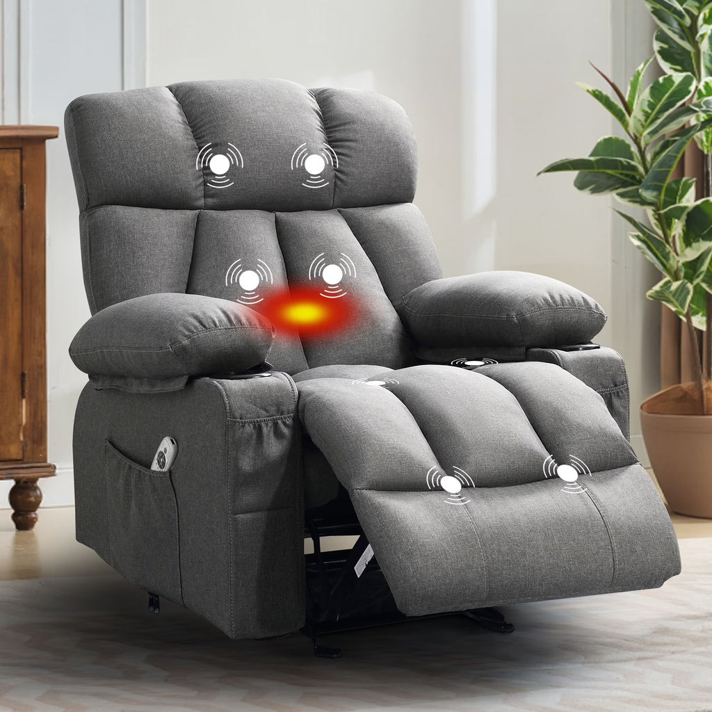 JONPONY Manual Recliner Chair with Heat Therapy and Massage Function, Heavy Duty Reclining Mechanism Massage Chair, Elderly Single Rocker Sofa with Cup Holders for Bedroom Home Theater,Grey