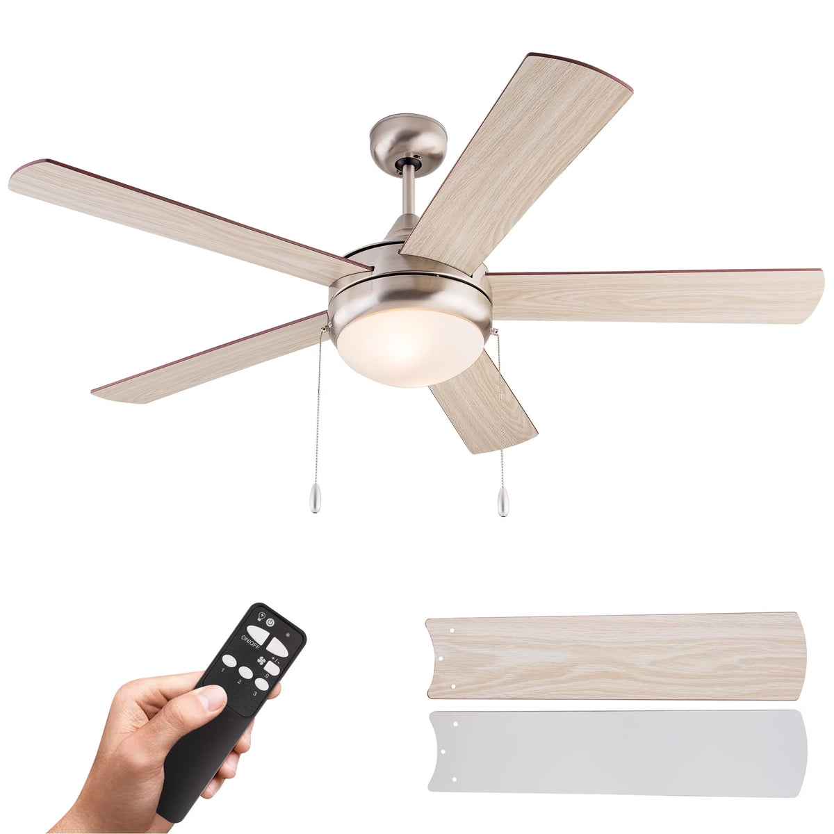 Simpol 52" Prominent Indoor Ceiling Fan with LED Light, Pull Chain and Remote Control, Reversible AC Motor, Walnut/Silver Reversible Blades and Satin Nickel Finish