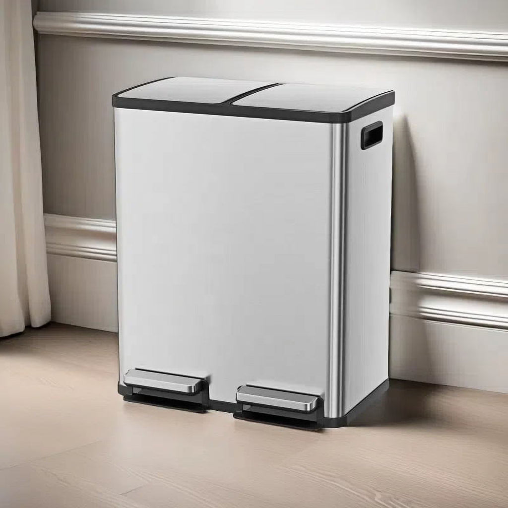 JOINSUN Trash Can, 2 x 8.3 Gallon Double Deck Trash Recycling Bin, Kitchen Bin, Silver