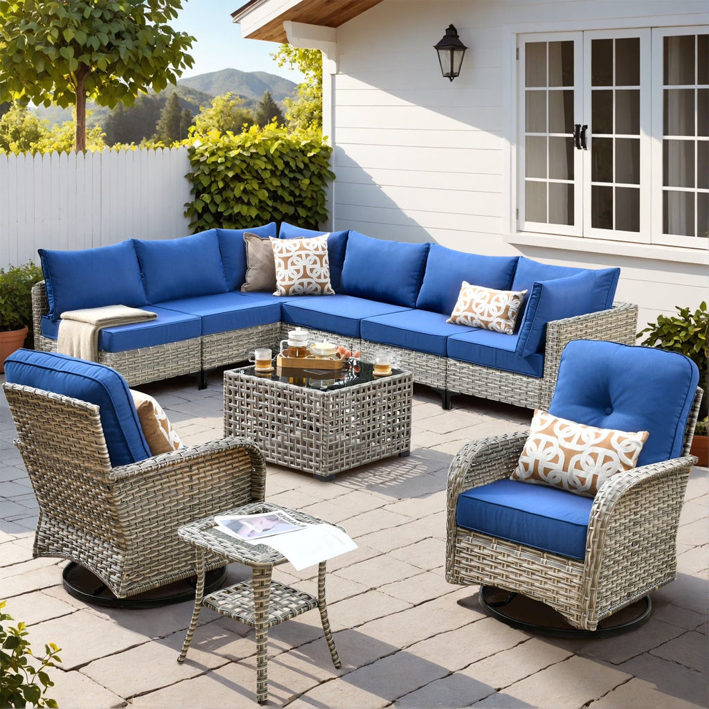 Vcatnet Outdoor Patio Furniture Sets 10 Pieces Sectional Sofa Wicker Conversation Set with Swivel Glider Chairs and Solar Powered Coffee Table for Porch,Backyard,Gray