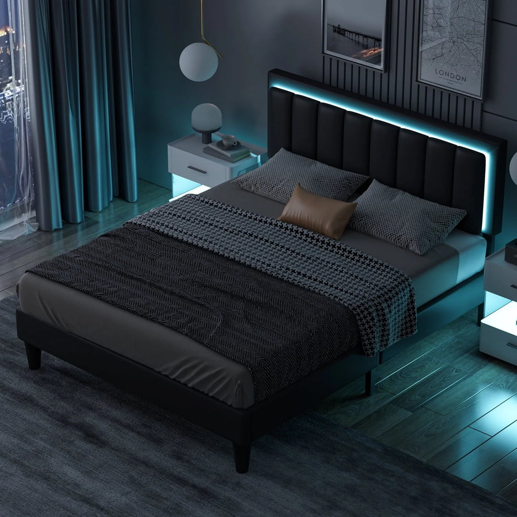 4 EVER WINNER Queen LED Bed Frame, Upholstered Bed Frame with LED Light Headboard, Black