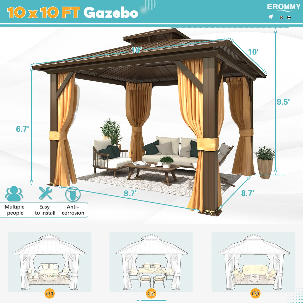 EROMMY 10'x12' Hardtop Gazebo with Galvanized Steel Double Roof & Aluminum Frame