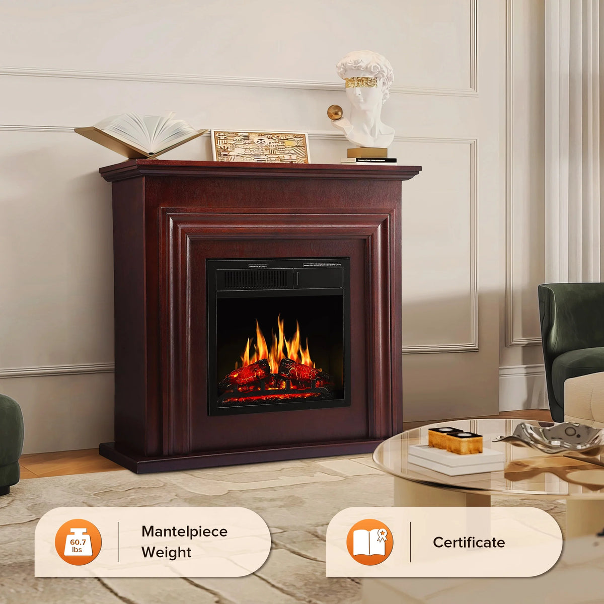 Electactic Electric Fireplace, Free Standing Fireplace, with Remote Control, Adjustable LED Flame, 750W/1500W -White