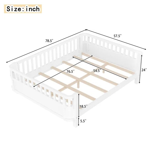 Bellemave Full Size Bed Frame, Full Montessori Bed with Safety Guardrails and Detachable Fence, Wood Full Daybed Frame, Low Profile & Rounded Corners Design, Natural
