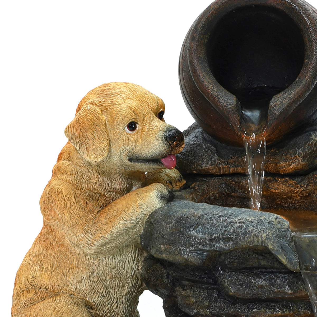 LuxenHome Outdoor Water Fountain, 26" Puppy and Rock Resin Water Fountains Indoor with LED Lights