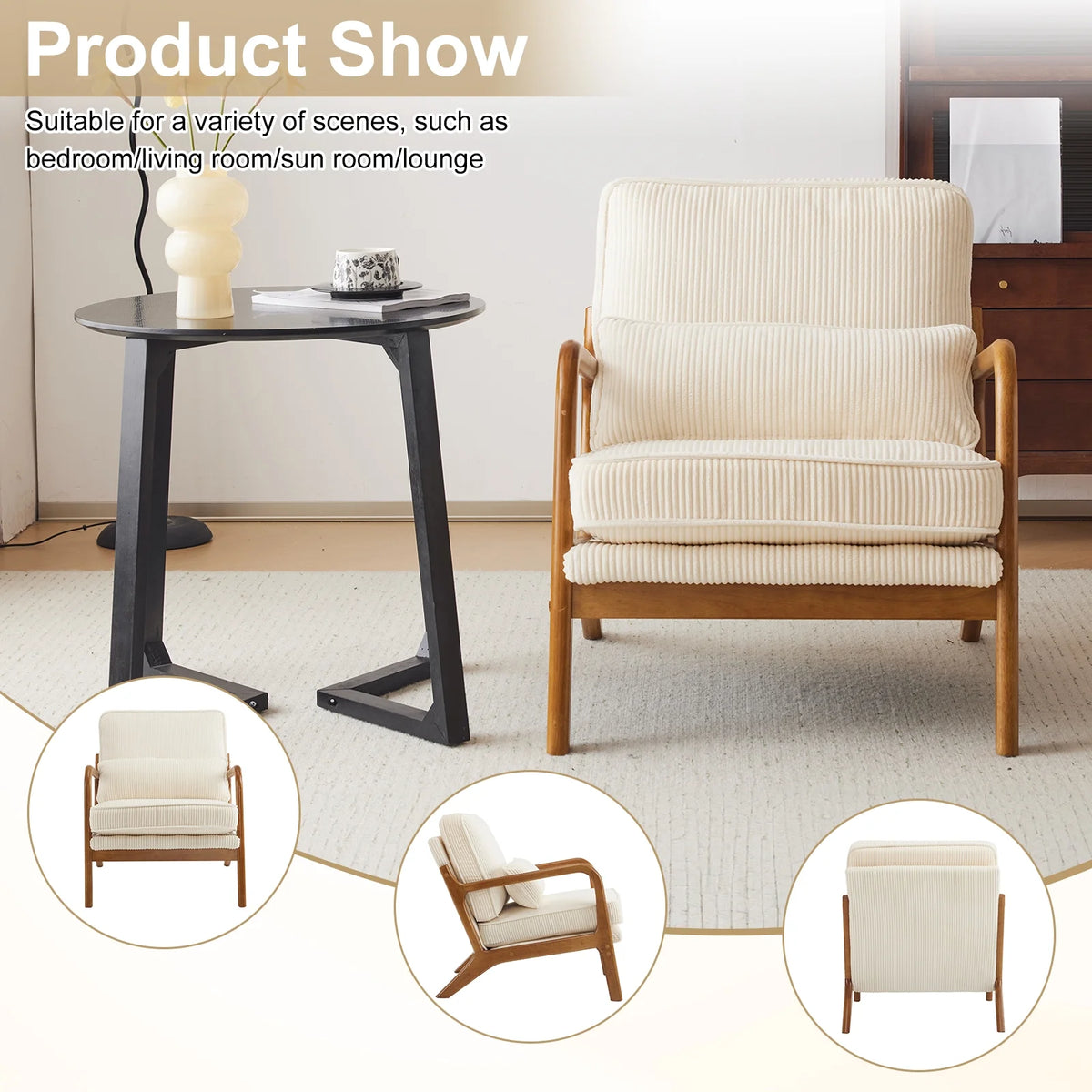 Ktaxon Accent Chair Corduroy Upholstered Armchair, Reading Club Chair with Pillow and Solid Wood Frame for Living Room Bedroom Furniture Off White