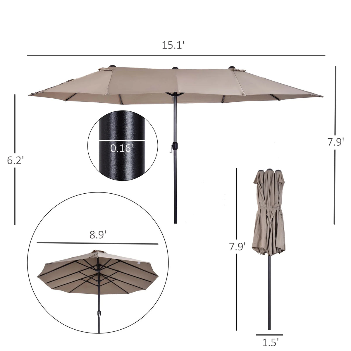 Outsunny Extra Large 15Ft Patio Umbrella,Double-Sided Outdoor Umbrella with Crank Handle and Air Vents for Backyard,Deck,Pool,Market,Gray,Gray Steel Lighting Outdoor Lighting