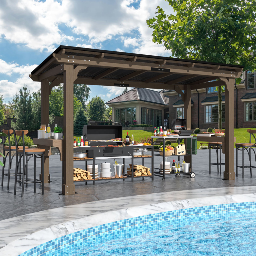 VEIKOUS 8' x 5' Outdoor Hardtop Gazebo, BBQ Grill Gazebo w/ Workstation Shelves for Lawn, Garden, Deck