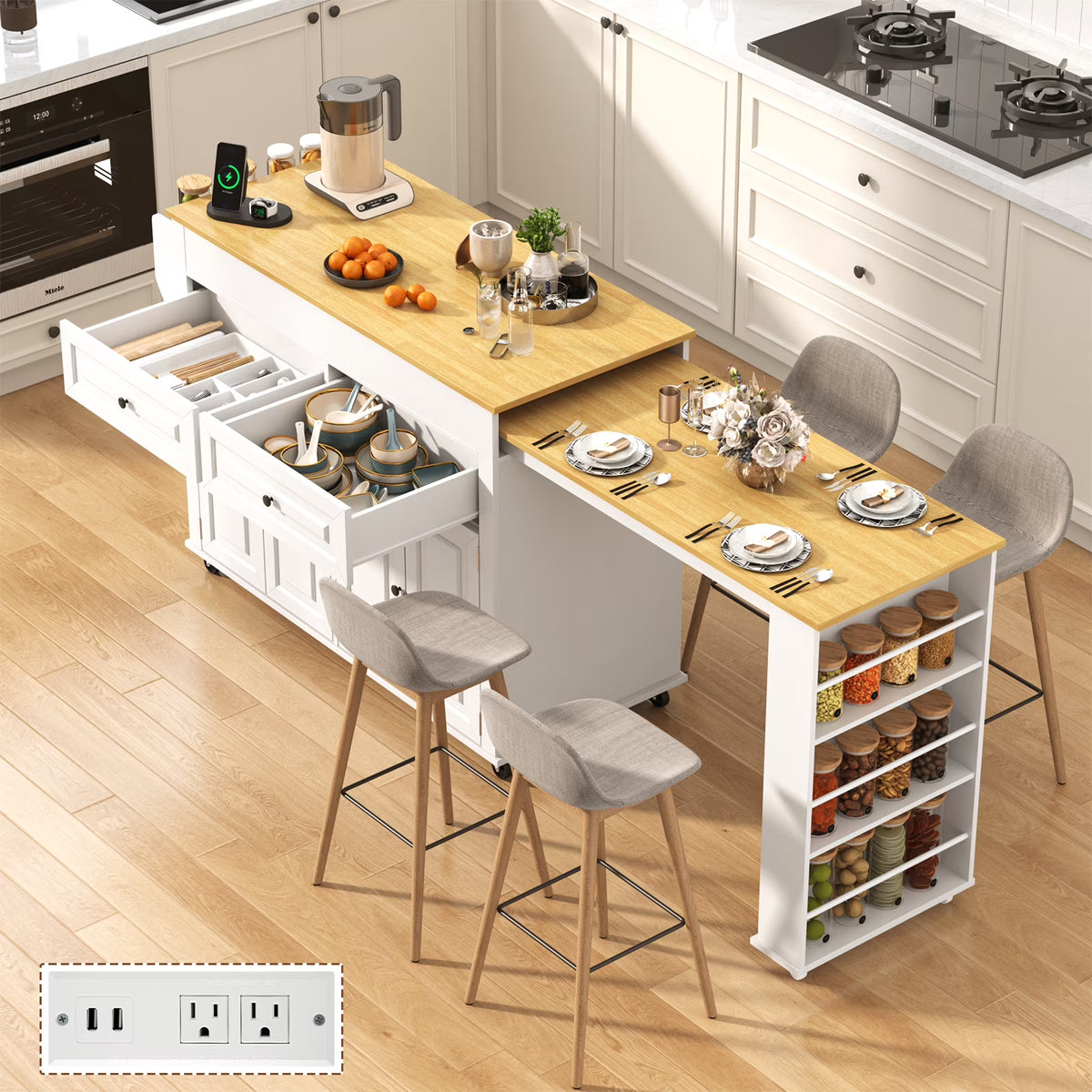ANPOO Large Kitchen Island with Extendable Dining Table and Power Outlet, Rolling Kitchen Island Cart on Wheels with 2 Storage Cabinets & 2 Drawers & 3 Spice Racks, Island Table for Kitchen