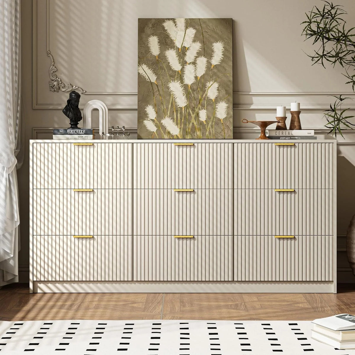 Furniway Fluted Large 9-Drawer Black Dresser