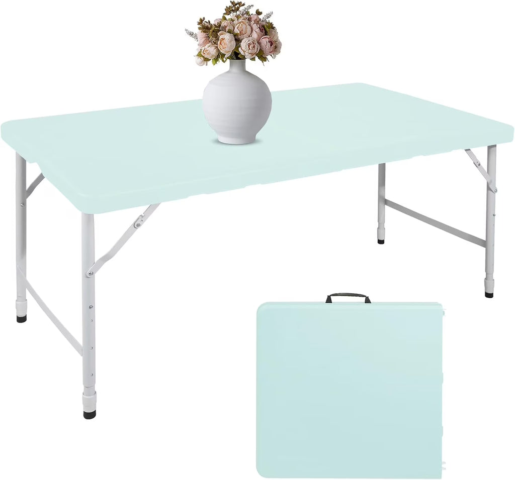 Folding Table with Carry Handle, Portable Fold-in-Half Plastic Table, Rectangle Foldable Table for Indoor