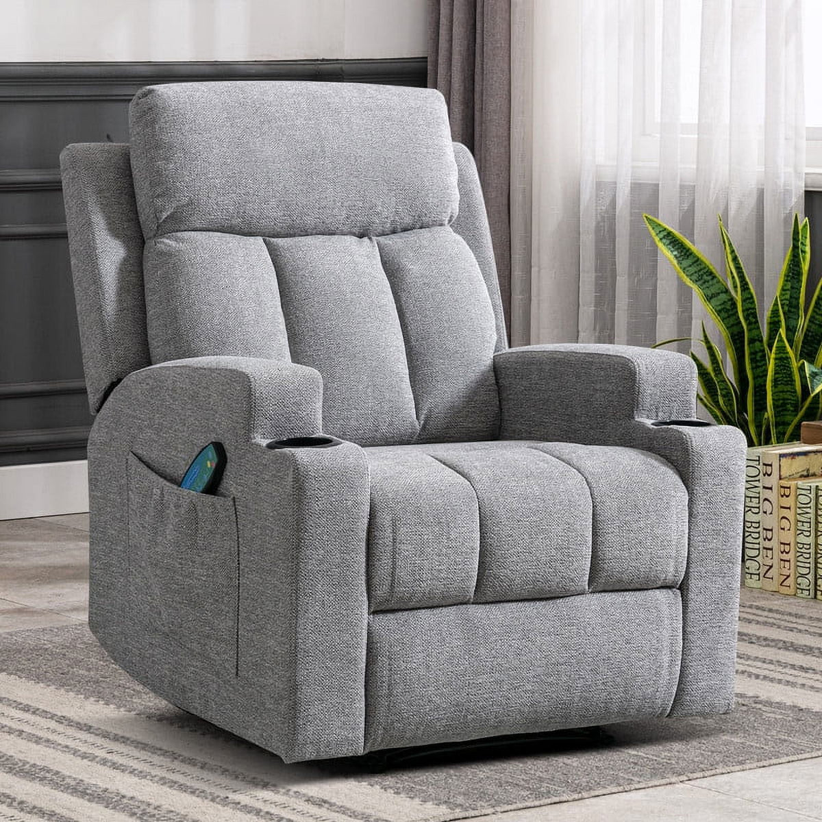 Bonzy Home Heated Manual Massage Recliner with Cup Holder Padded Breathable Fabric Recliner, Home Theater Seating Navy