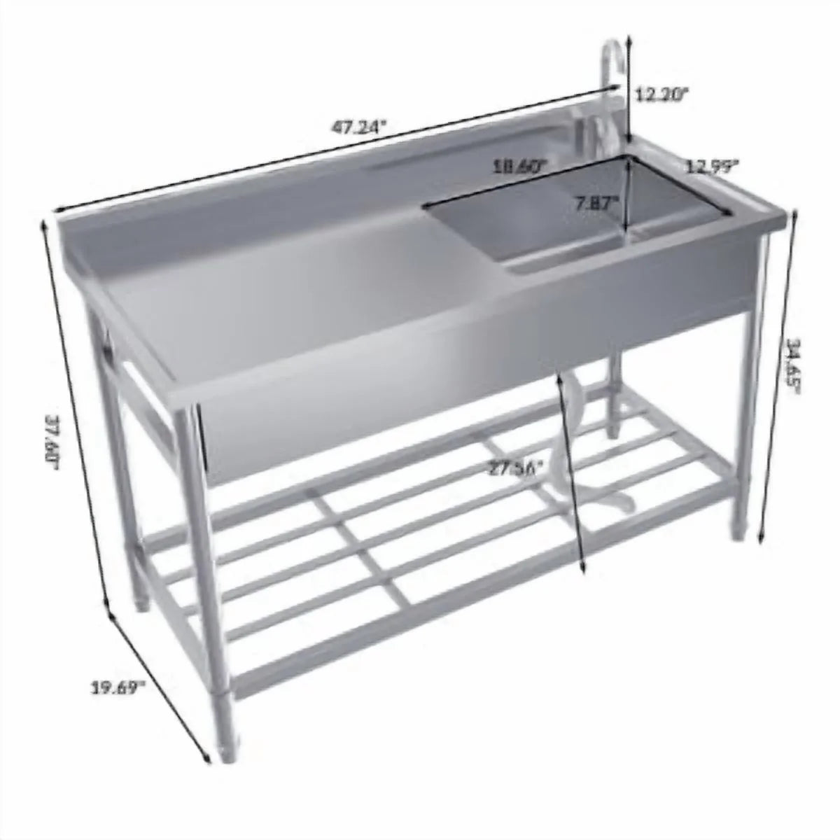 Stainless Steel Outdoor Sink,Freestanding Single Bowl Utility Sinks with Cold/Hot Water Pipe,Storage Shelf,Faucet and Adjustable Legs,Outdoor Sink Station with Storage Shelf for Backyard,Restaurant