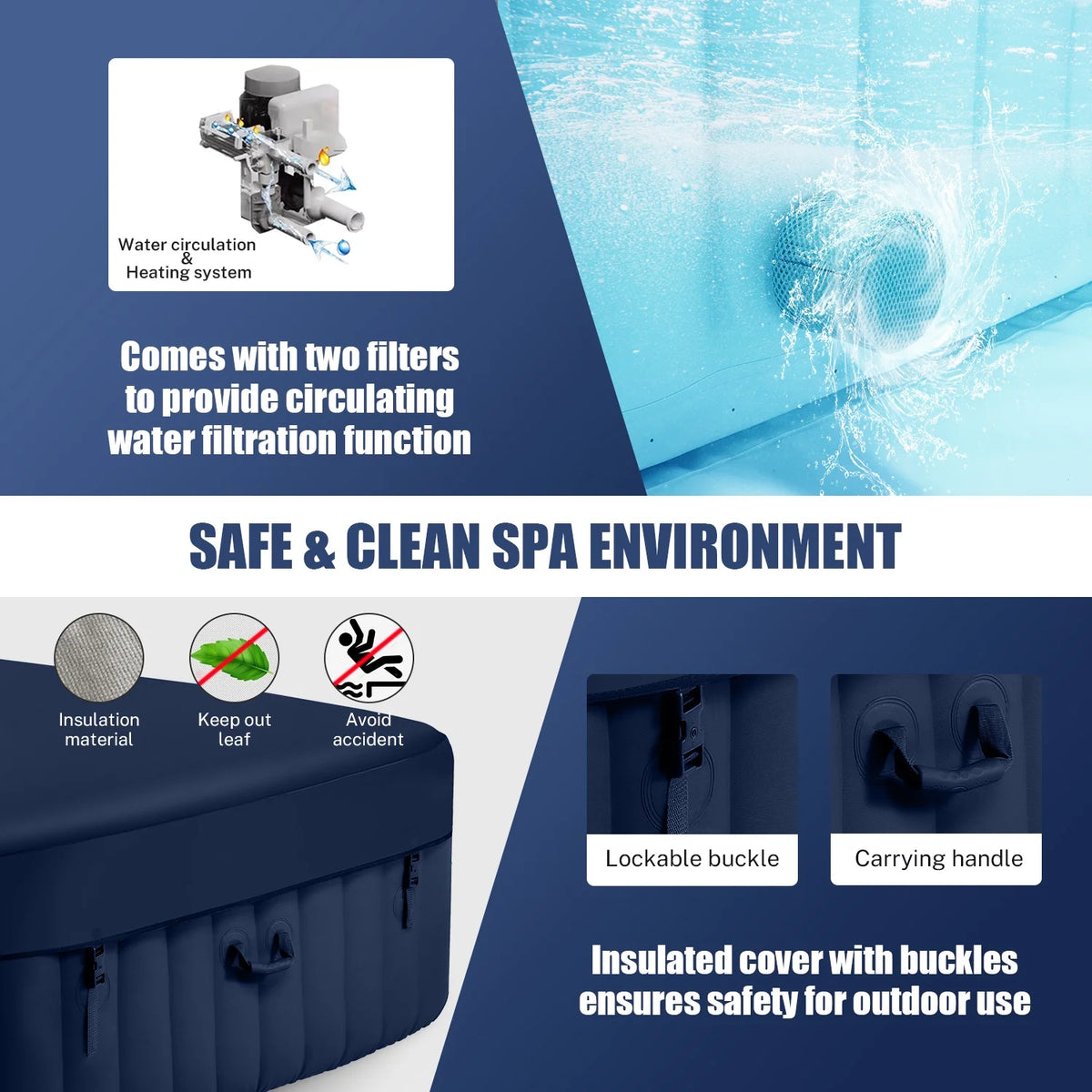Hot Tub for 4-6 Person, Seizeen Outdoor Patio Large Inflatable Hot Tub Home SPA, with 130pcs Massage Jets, 910L, 4 Filters, 2 Cup Holders, Lockable Cover, Storage Bag, Max 104, 73in, Navy
