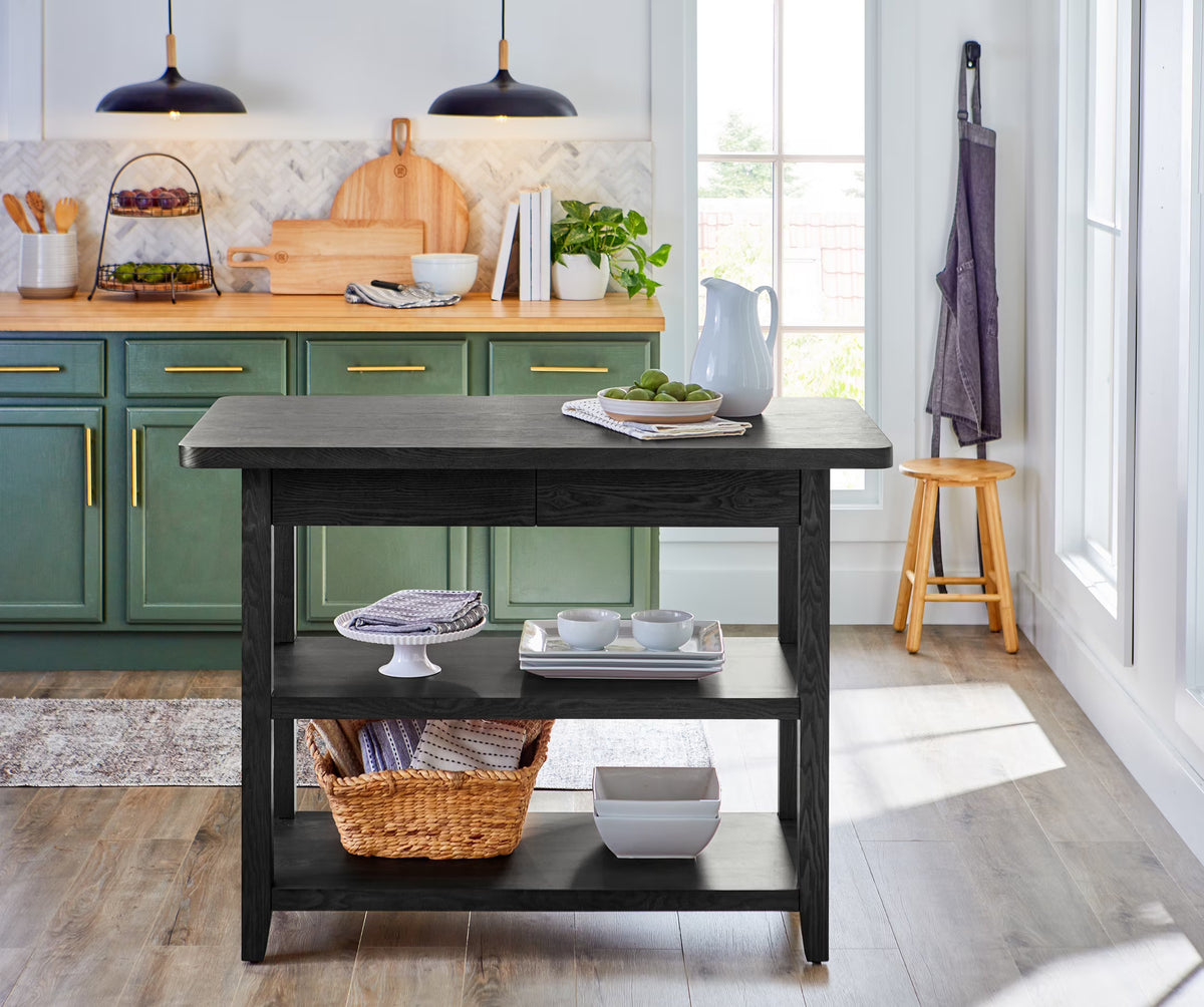 Better Homes & Gardens Reading Wood Kitchen Island with 2 Shelves and Drawers, Walnut Color