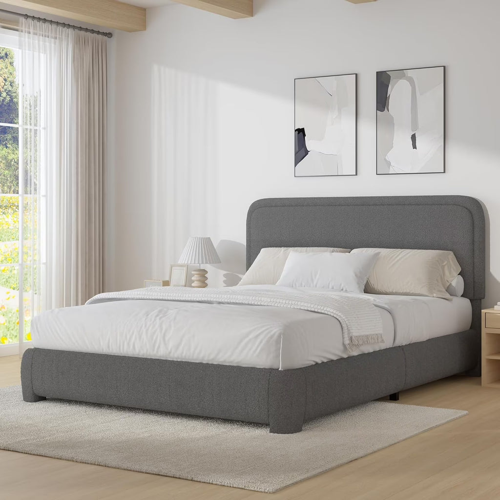 4 EVER WINNER Twin Size Bed Frame, Modern Bed Frame with Headboard, Boucle Fabric Upholstered Bed Frame, Soft Curved Headboard, Cream