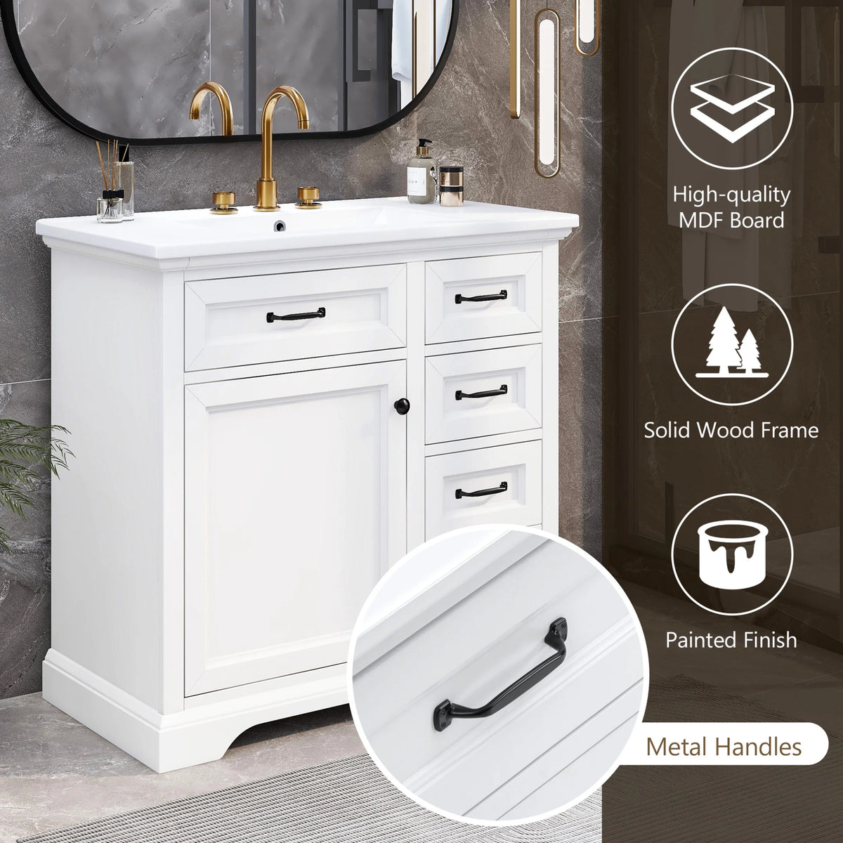 Christopher Knight Home 36" Bathroom Vanity with Sink, Tip-out Drawers, Soft-Close Doors, Grey