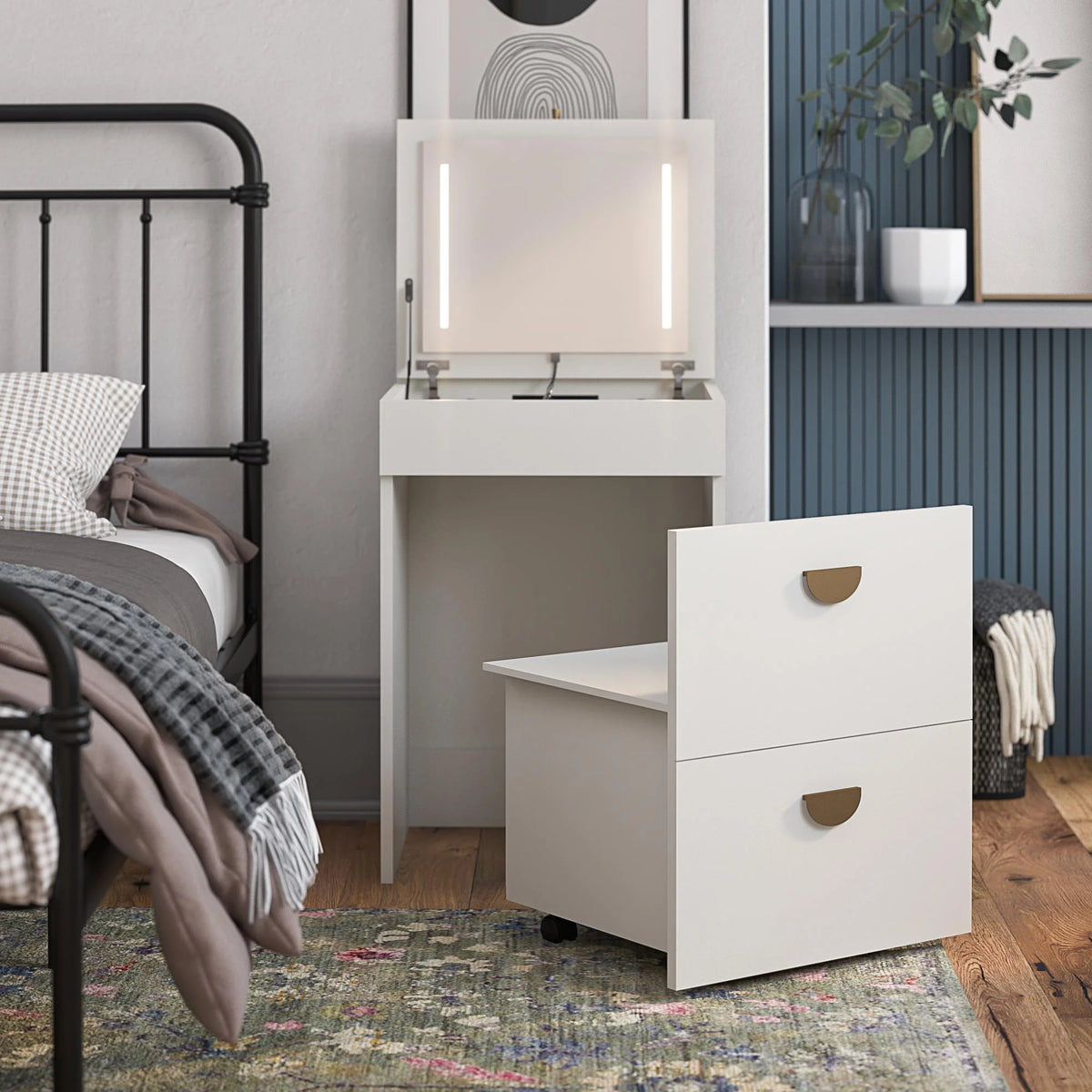 Ameriwood Home Compact 3-in-1 Vanity Set, Makeup Storage Desk & Stool, Mirror w/ LED lights & USB Charging Station, White