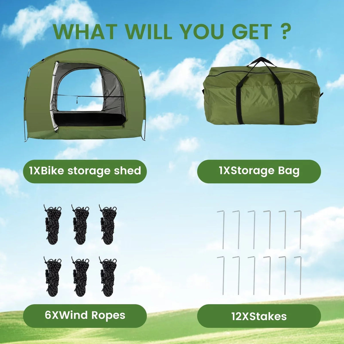 NAIZEA Large Bike Storage Tent, 47" Depth Storage for 6 Bikes Waterproof Outdoor Bicycle Cover, Lawn Mower Garden Tools Shed, Backyard Storage Room Tent Shelter W/Fixing Peg & Rop