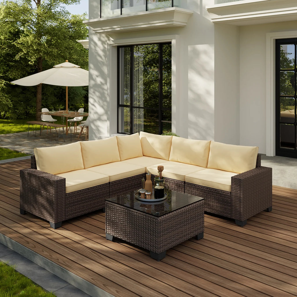 7 Piece Outdoor Patio Furniture Set, Asofer Rattan Wicker Outdoor Conversation Sectional Sofa Set, Gray