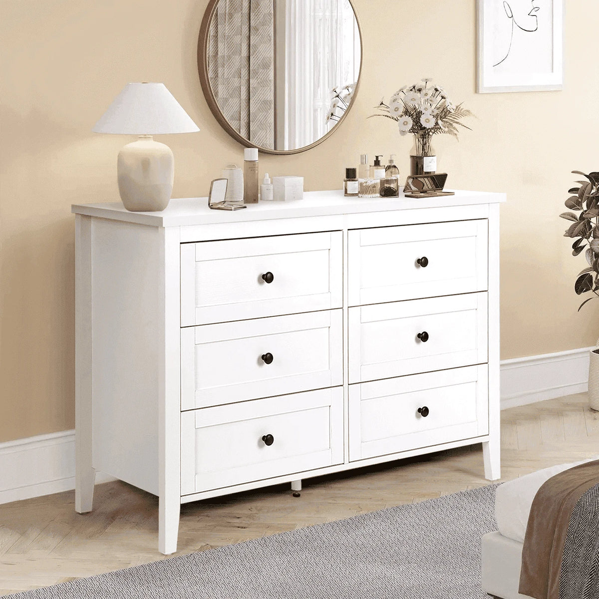 RichYa 6 Drawer Dresser for Bedroom,Chest of Drawers with Metal Knobs,Dresser for Closet,White