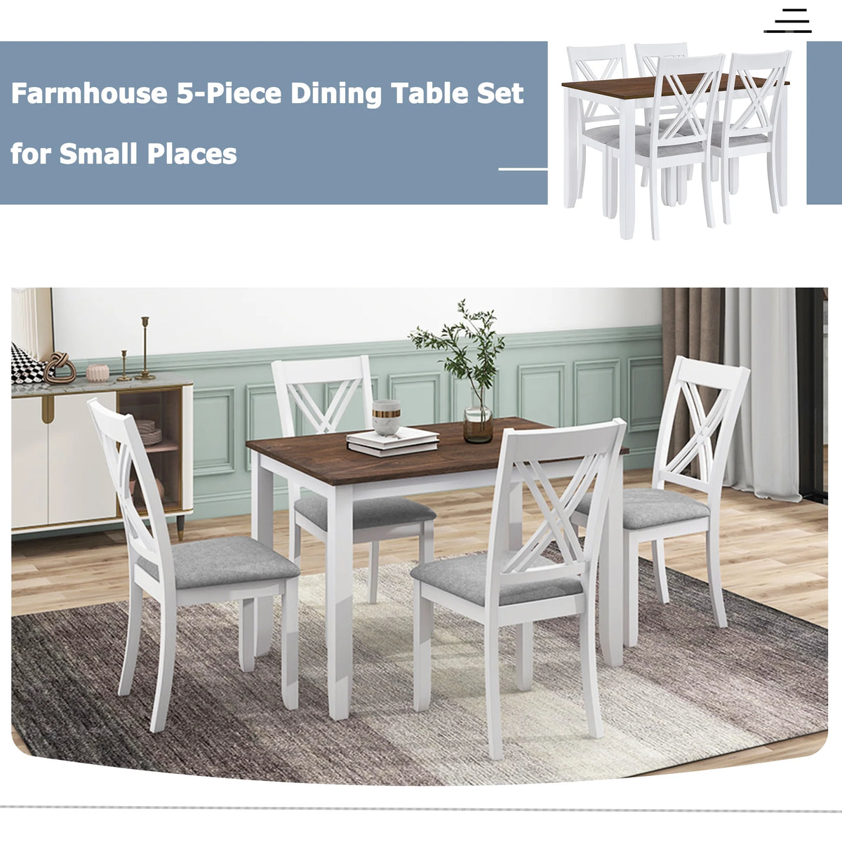 Seizeen Solid Wood Kitchen Table and Chairs, Dining Room Table Set for 4 with Gray Upholstered Chairs, Wood Grain Table Heavy-Duty Frame, Rustic Minimalist Style Breakfast Nook Set