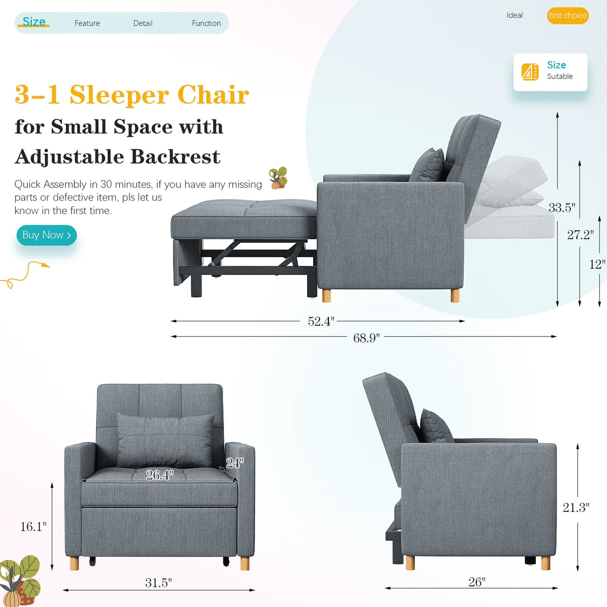 YODOLLA Sleeper Sofa Chair 3 in 1 Sleeper Chairs for Adults Pull Out Chair Bed Sleeper with Extra Pillow and Convertible Backrest Multi-Functional Fold Out Chair Bed for Small Space (Dark Grey)