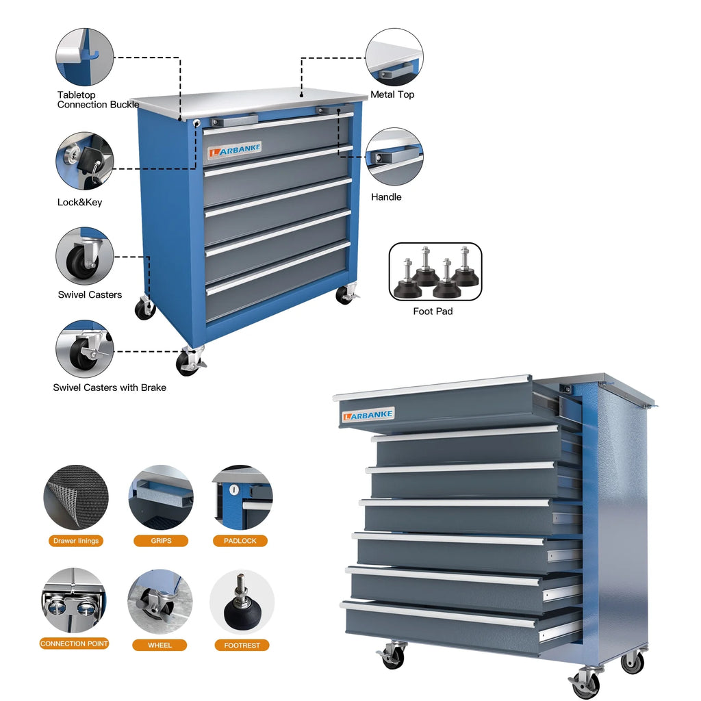 LARBANKE Combination Tool Cabinet,7 Drawer Tool Chest and 5 Drawer Tool Chest for Connected Use,Rolling Tool Chest with 360 Brake Wheels and Padded Feet