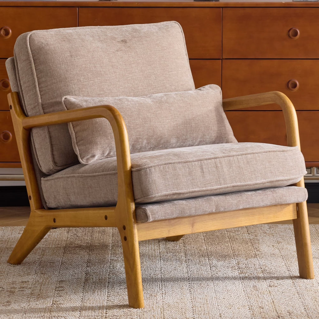 Ktaxon Accent Chair Corduroy Upholstered Armchair, Reading Club Chair with Pillow and Solid Wood Frame for Living Room Bedroom Furniture Off White