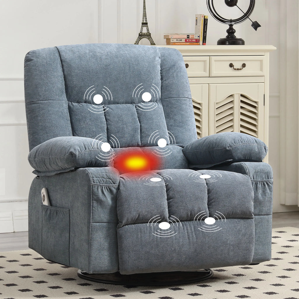 JONPONY Manual Recliner Chair with Heat Therapy and Massage Function, Heavy Duty Reclining Mechanism Massage Chair, Elderly Single Rocker Sofa with Cup Holders for Bedroom Home Theater,Blue