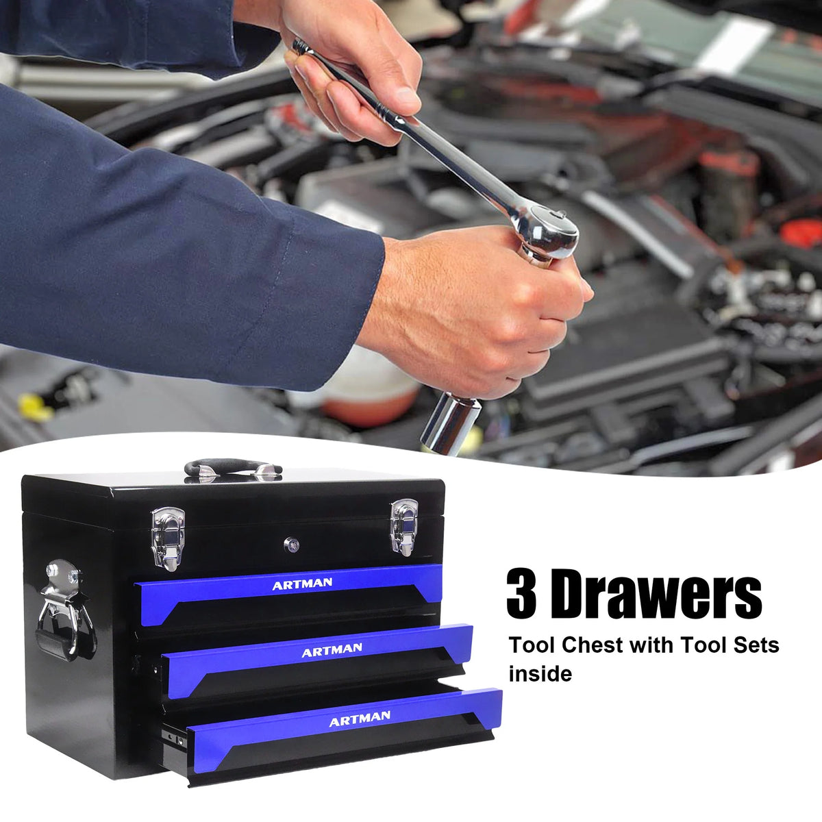NIGSQJB Tool Set 439pcs with 3 Drawers Tool Box Organizer, Mechanic Tool Set for Home, Tool Box Set 4-Tier Socket Wrench Ratchet Plier Nails, Home Tool Set Mechanics Kit for Adults Man Handyman, Red