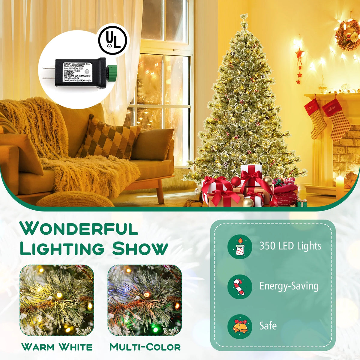 Costway 9 FT Artificial Christmas Tree with  360 Quick Power Connector 1714 Pine Needles