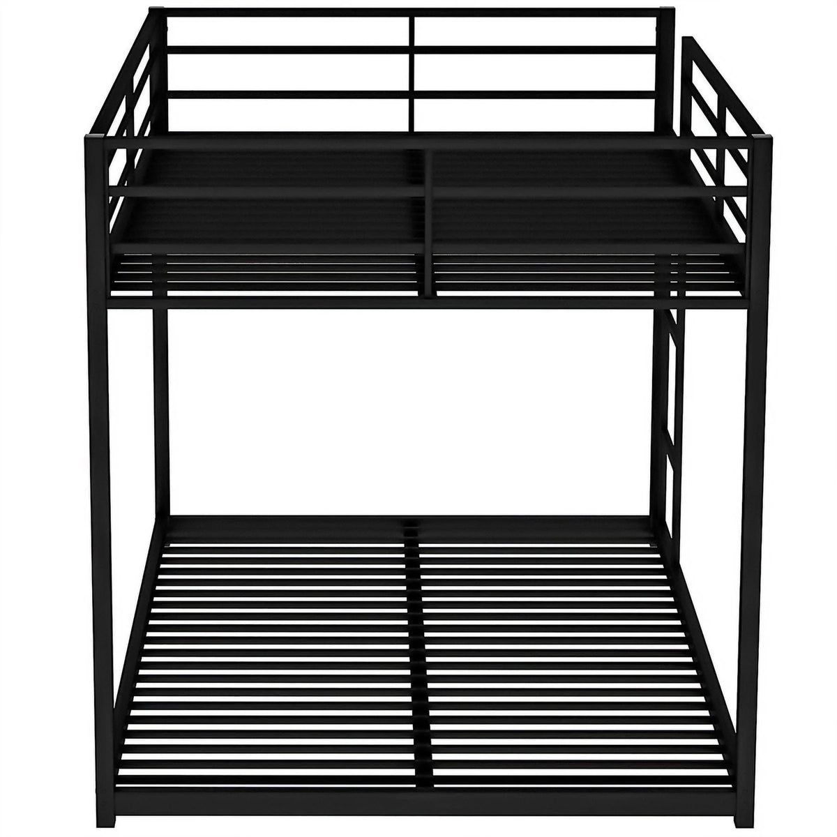 Full Over Full Metal Low Bunk Bed for Kids Teens Adults, Modern Black Bunk Bed with Heavy Duty Metal Frame, Ladder and Safety Full-Length Guard Rails, Space-Saving