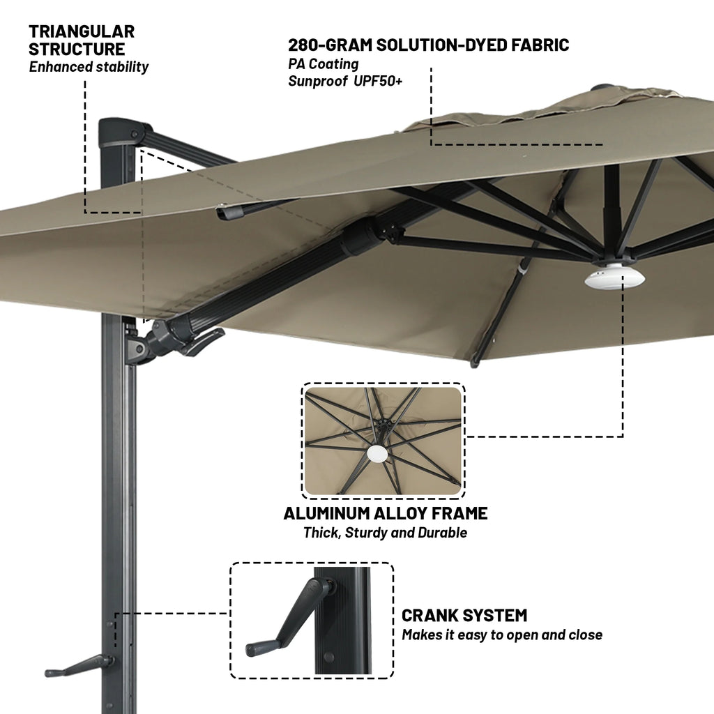 Boyel Living Cantilever Outdoor Patio Umbrellas, with Bluetooth Ambient Light & Base, Offset Square Umbrella for Pool Deck Garden Backyard, Navy Blue