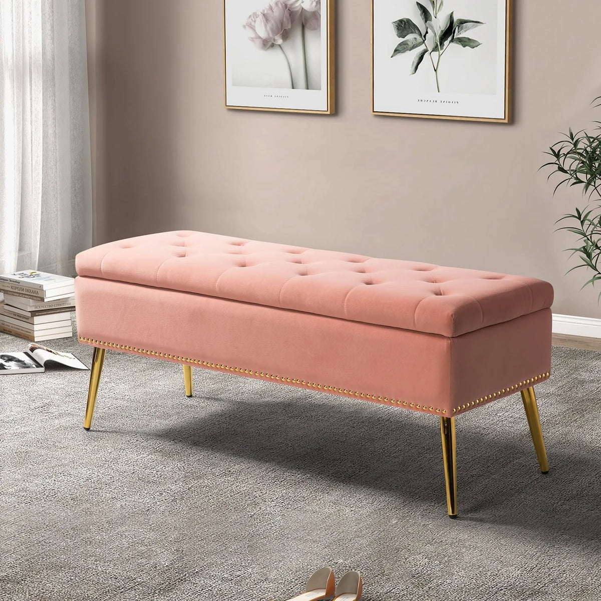 14 Karat Home Velvet Storage Ottoman Bench Gold Leg Upholstered Nailhead Trim Button Tufted Footstool Entryway Bedroom Living Room Pink