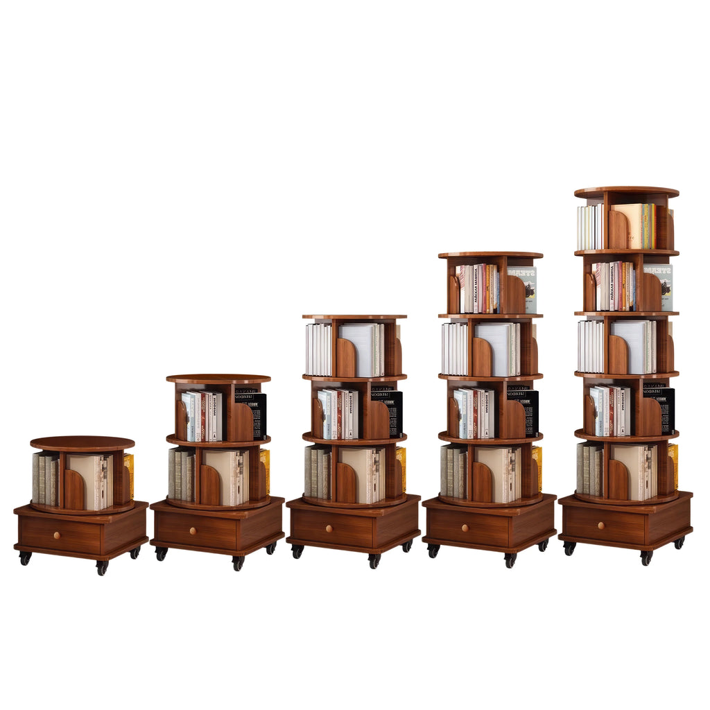 Qiushi 6-Tier Round Rotating Bookshelf with Storage Drawer, 360 Spinning Corner Bookshelf Tower for Small Space, Bookcase Storage Rack with Wheels, Wood Narrow Organizer for Bedroom, Living Room