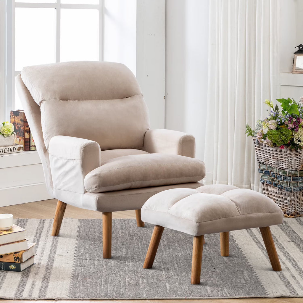 Bestier Adjustable Accent Chairs with Ottoman, Velvet Fabric Armchair for Bedroom Living Room, Comfy Lounge Chair with Padded Backrest and Side Pocket, Soft Reading Chair, Beige