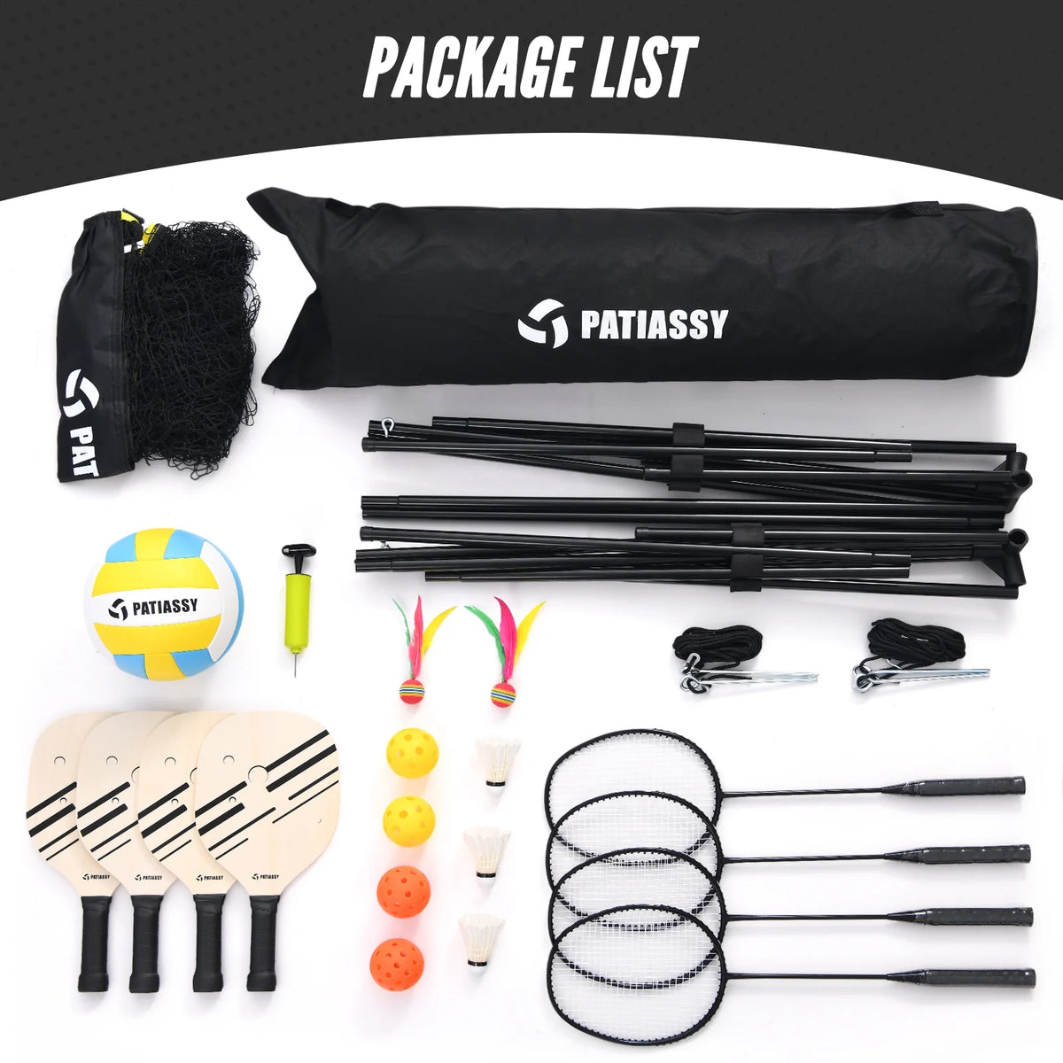 Patiassy 5.1ft-7.4ft Adjustable Height Volleyball Badminton Pickleball Net Set with Poles, 4 Rackets, 3 Shuttlecocks, 4 Pickleball Paddles , and Volleyball
