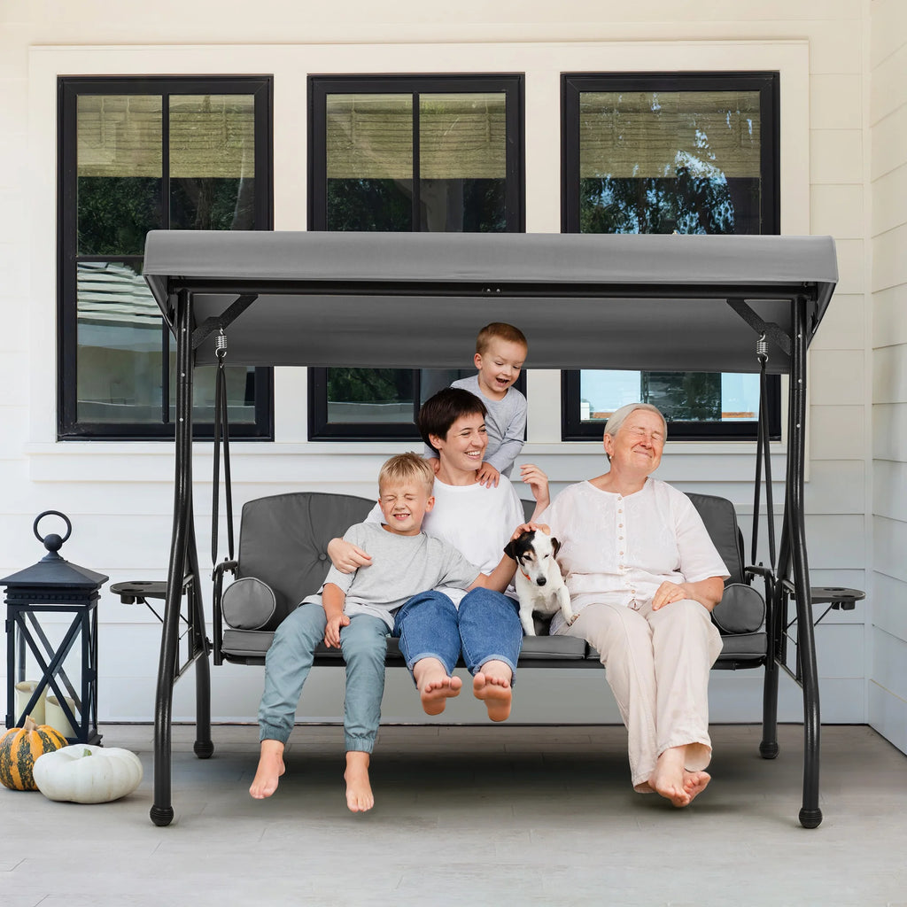 Homrest 3 Seat Outdoor Porch Swing with Adjustable Canopy, Cushions, and Cup Holder - Wine Red