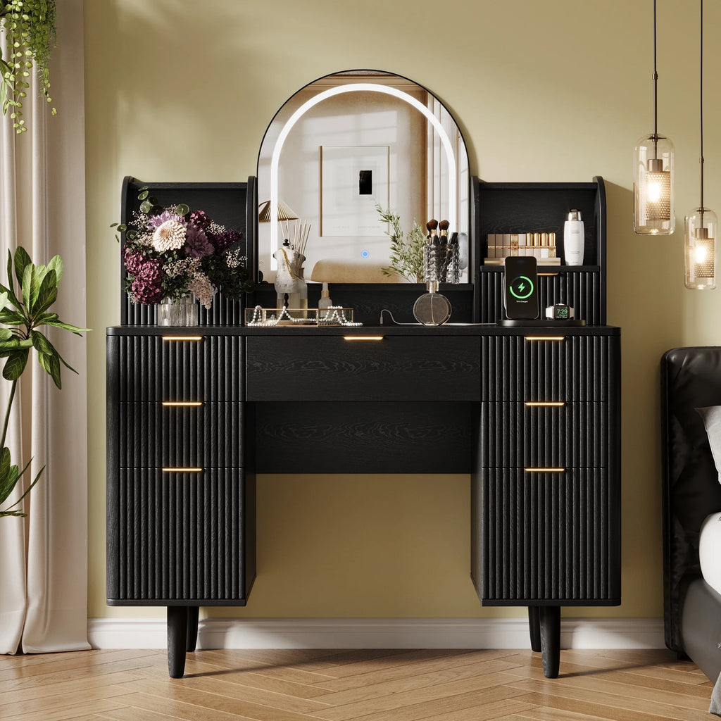 UGTOO 45.2" Modern Vanity Desk with LED Mirror & USB Charging, Wood Makeup Dressing Table with 7 Drawers for Bedroom