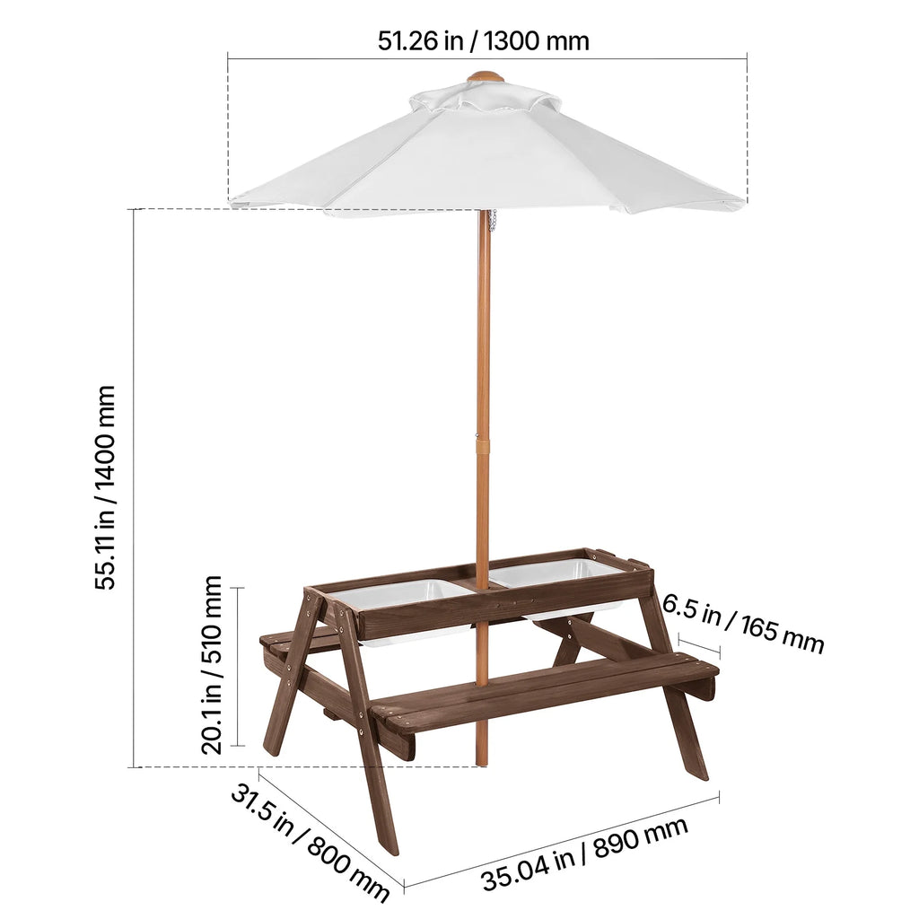 VEVOR Kids Picnic Table with Umbrella, 3-in-1 Sand & Water Table, Outdoor Wooden Table and Bench Set with 2 Trays, 4-People Patio Dining Furniture for Garden, Backyard and Porch (Walnut)
