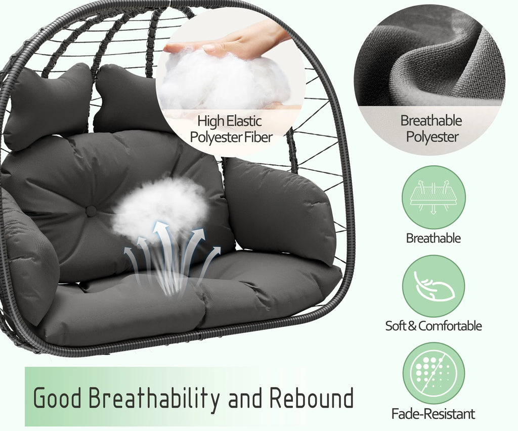 Bifanuo Double Wicker Swing Egg Chair Hammock Foldable Hanging Loveseat with Stand, UV Resistant Removable Cushions, 700LBS Capacity for Bedroom, Balcony (Black and Beige)