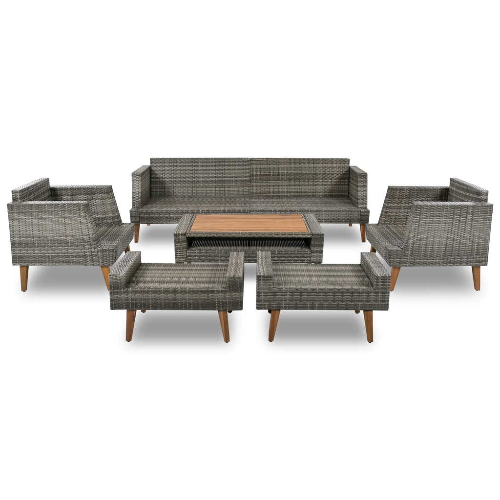 6 Pieces Wicker Patio Furniture Set Outdoor Conversation Set, All Weather PE Rattan Sectional Sofa Couch with Storage Table and Cushions, Beige
