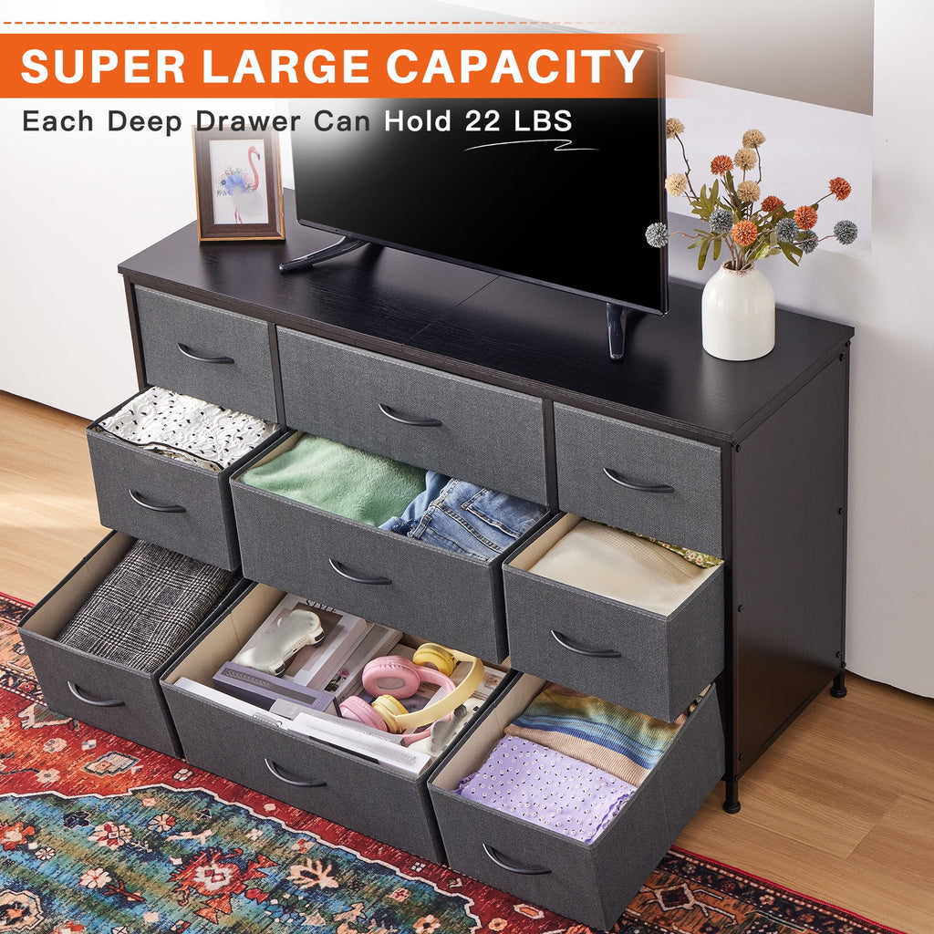 Wide Dresser TV Stand with 9 Drawers Dresser for Bedroom Chests of Drawers for Living Room, Black