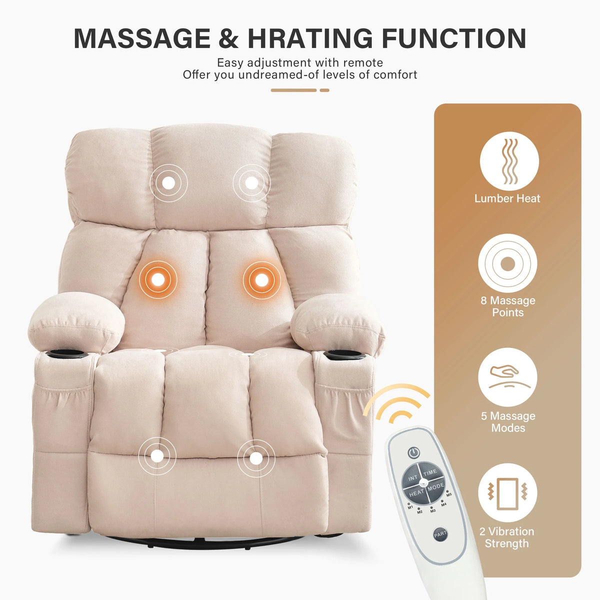 JONPONY Manual Recliner Chair with Heat Therapy and Massage Function, Heavy Duty Reclining Mechanism Massage Chair, Elderly Single Rocker Sofa with Cup Holders for Bedroom Home Theater,Grey