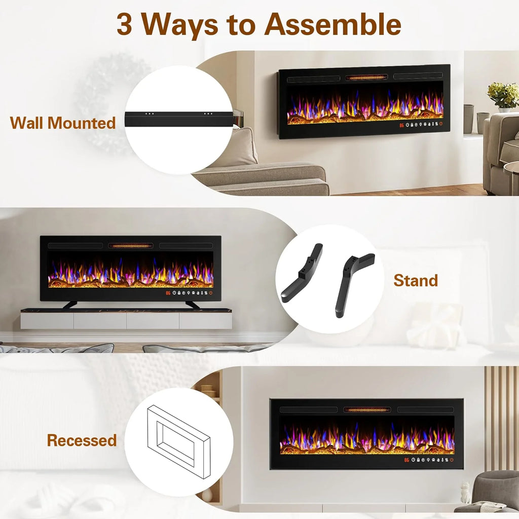 60" Electric Fireplace, Ultra-thin Recessed and Wall Mounted Fireplace, Linear Fireplace with Timer Remote Control Adjustable Flame Color 750w/1500w Black