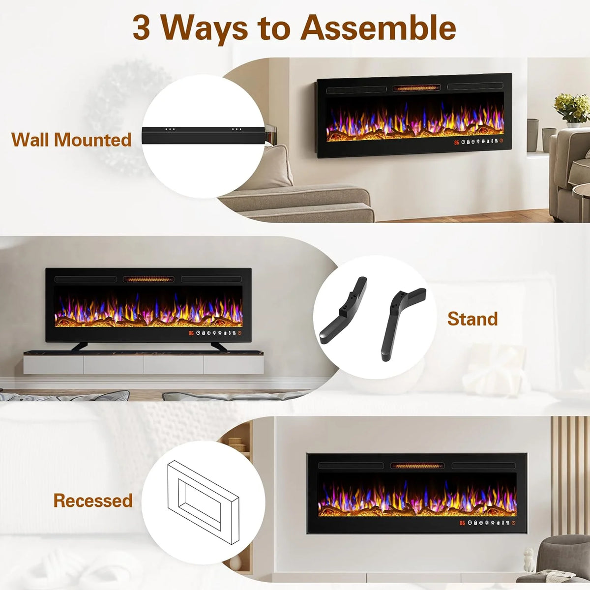 60" Electric Fireplace, Ultra-thin Recessed and Wall Mounted Fireplace, Linear Fireplace with Timer Remote Control Adjustable Flame Color 750w/1500w Black