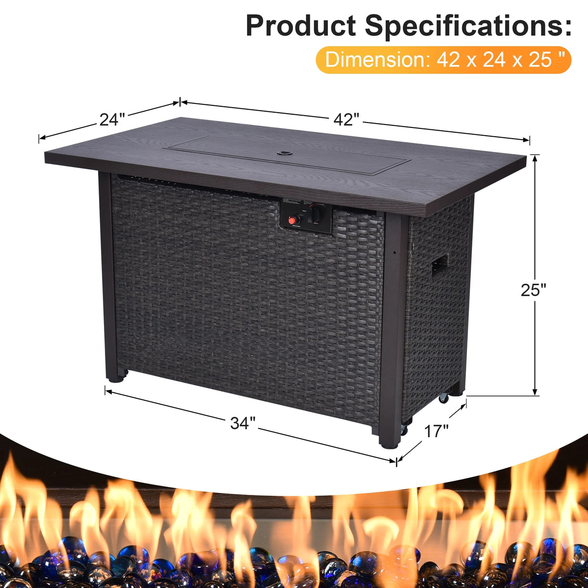 Phonjoroo 13 Pieces Outdoor Patio Furniture Set with 42 Fire Pit Table, Rattan Patio Sectional Sofa Conversation Set w/ 50000 BTU Propane Fire Pit and Coffee Table for Garden, Backyard